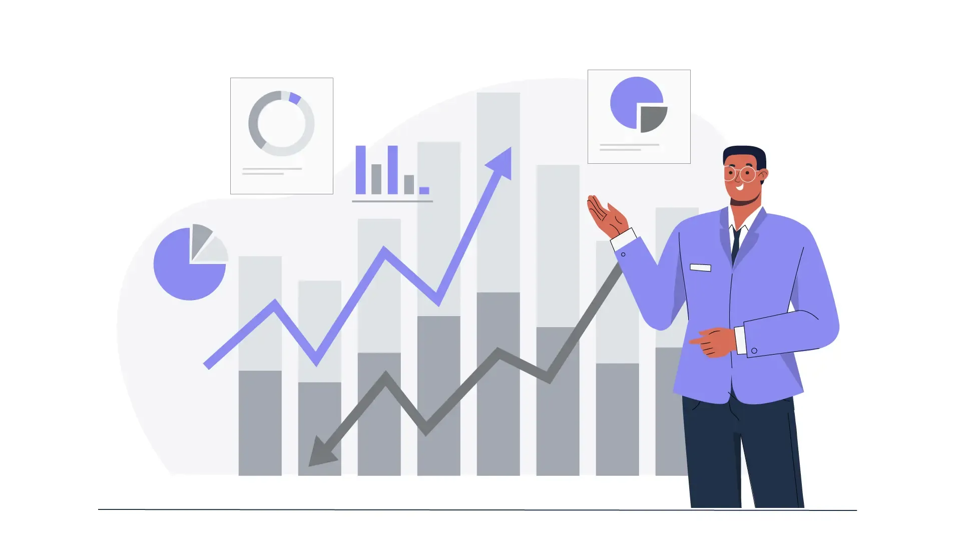 Business Data Presentation Man Standing by Chart in 2D Illustration